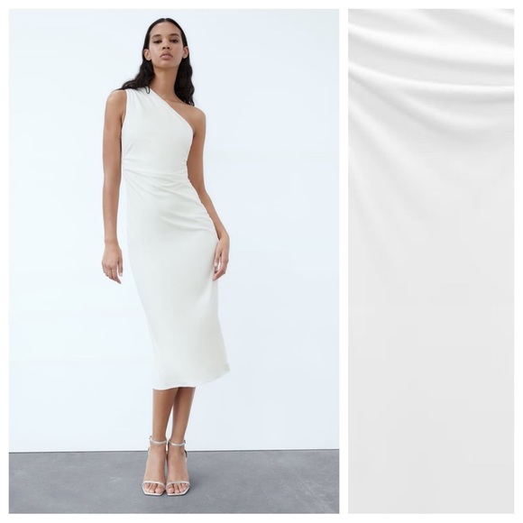 NWT. Zara White Knit Fabric Midi Dress with Asymmetric Neckline. Size XL - Picture 1 of 10
